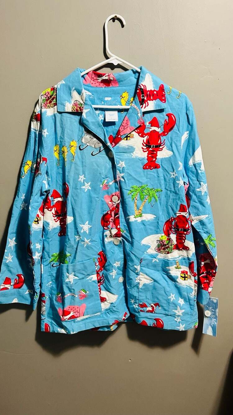 Nick & Nora Santa Claws Christmas Pajama Set Size L Blue Lobster. Pc62
